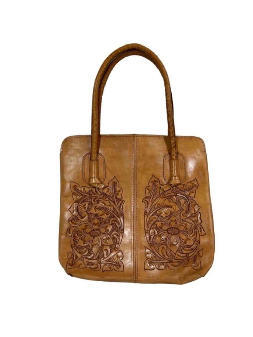vintage hand tooled floral leather tote bag